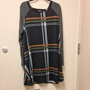 Plaid Long Sleeve Top with Striped Sleeves